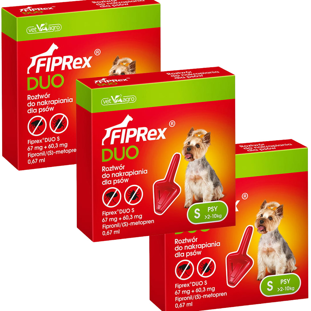 Fiprex DUO S KROPLE od pcheł kleszczy dla psa 2-10kg 3x0,67ml na 90dni